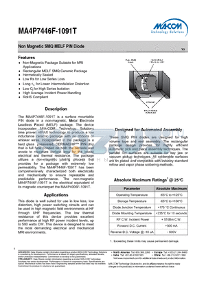 MA4P7446F-1091T_2 datasheet - Non Magnetic SMQ MELF PIN Diode