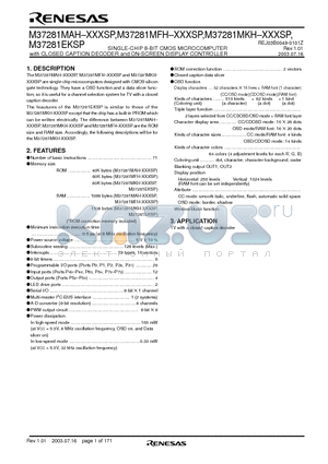 M37281MAH-XXXSP datasheet - SINGLE-CHIP 8-BIT CMOS MICROCOMPUTER with CLOSED CAPTION DECODER and ON-SCREEN DISPLAY CONTROLLER