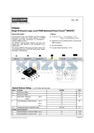 FDS6680 datasheet - Single N-Channel Logic Level PWM Optimized PowerTrenchTM MOSFET