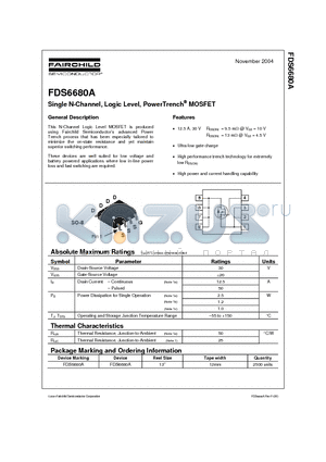 FDS6680A datasheet - Single N-Channel, Logic Level, PowerTrench MOSFET