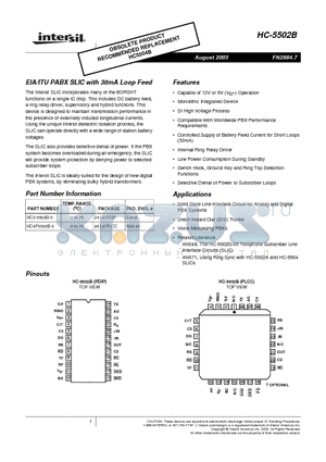 HC-5502B datasheet - EIA/ITU PABX SLIC with 30mA Loop Feed