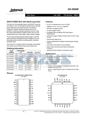 HC-5504 datasheet - EIA/ITU PABX SLIC with 40mA Loop Feed