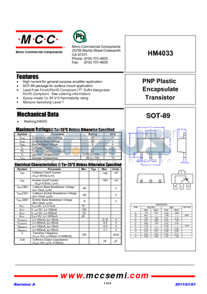 HM4033 datasheet - PNP Plastic Encapsulate Transistor