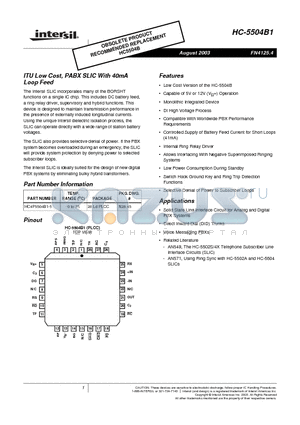 HC-5504B1_03 datasheet - ITU Low Cost, PABX SLIC With 40mA Loop Feed