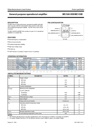 MC1458 datasheet - General purpose operational amplifier