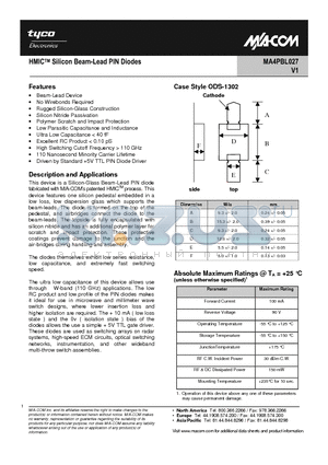 MA4PBL027 datasheet - HMICTM Silicon Beam-Lead PIN Diodes