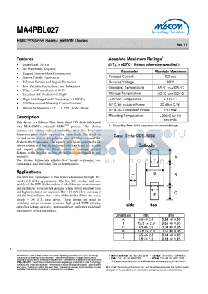 MA4PBL027 datasheet - HMICTM Silicon Beam-Lead PIN Diodes