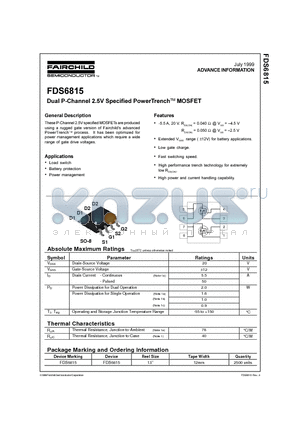 FDS6815 datasheet - Dual P-Channel 2.5V Specified PowerTrench MOSFET