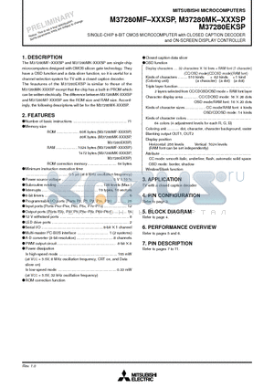 M37280MF-171SP datasheet - SINGLE-CHIP 8-BIT CMOS MICROCOMPUTER with CLOSED CAPTION DECODER and ON-SCREEN DISPLAY CONTROLLER