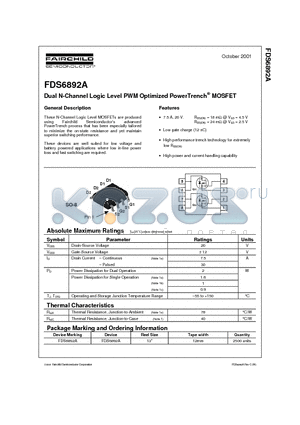 FDS6892A datasheet - Dual N-Channel Logic Level PWM Optimized PowerTrench MOSFET