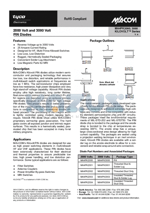 MA4PK3002 datasheet - 2000 Volt and 3000 Volt PIN Diodes