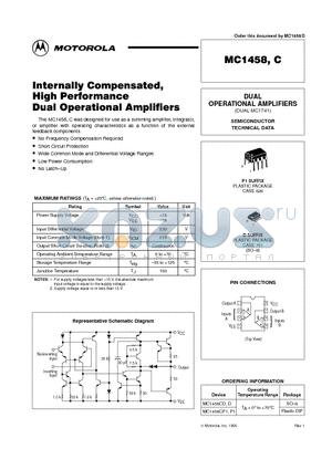 MC1458D datasheet - DUAL OPERATIONAL AMPLIFIERS