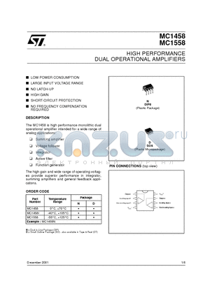 MC1458I datasheet - HIGH PERFORMANCE DUAL OPERATIONAL AMPLIFIERS