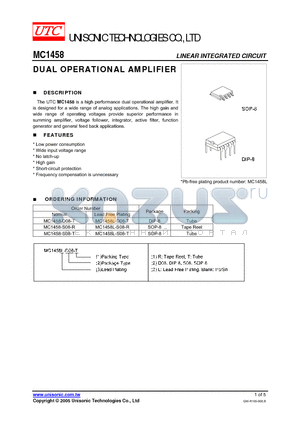 MC1458L-S08-R datasheet - DUAL OPERATIONAL AMPLIFIER