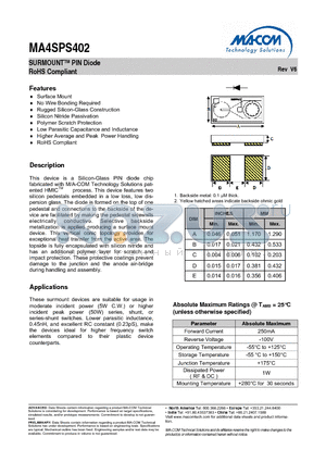 MA4SPS402_V6 datasheet - SURMOUNTTM PIN Diode RoHS Compliant