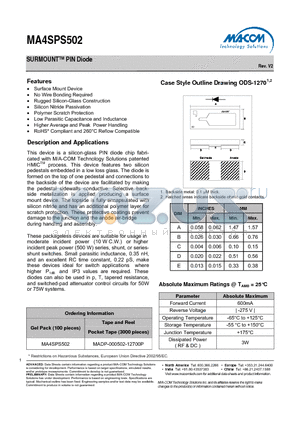 MA4SPS502 datasheet - SURMOUNTTM PIN Diode