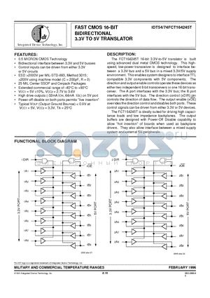 IDT54FCT164245TPVB datasheet - FAST CMOS 16-BIT BIDIRECTIONAL 3.3V TO 5V TRANSLATOR