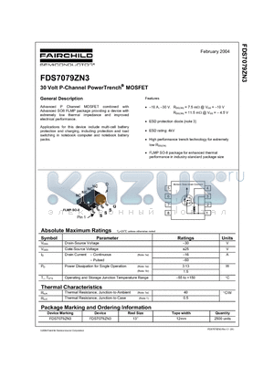 FDS7079ZN3 datasheet - 30 Volt P-Channel PowerTrench MOSFET