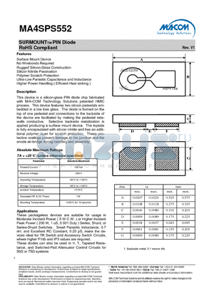 MA4SPS552-T datasheet - SURMOUNTTM PIN Diode