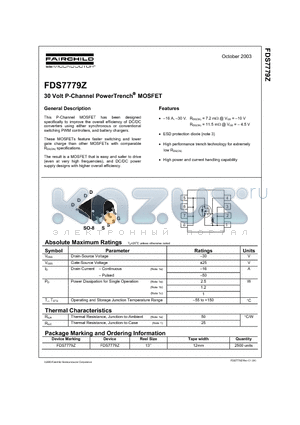 FDS7779Z datasheet - 30 Volt P-Channel PowerTrench MOSFET