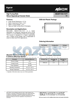 MA4ST1103-1141T datasheet - High Tuning Ratio Silicon Hyperabrupt Varactor Diode