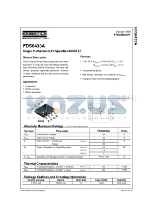FDS8433 datasheet - Single P-Channel 2.5V Specified MOSFET