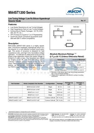 MA4ST1230 datasheet - Low Tuning Voltage / Low Rs Silicon Hyperabrupt Varactor Diode