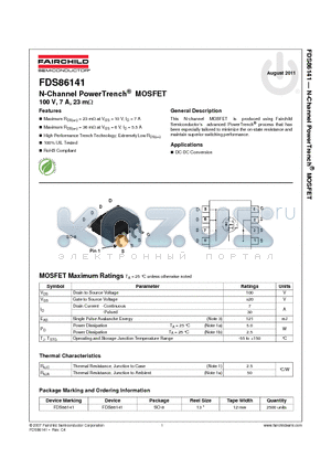 FDS86141 datasheet - N-Channel PowerTrench^ MOSFET 100 V, 7 A, 23 m