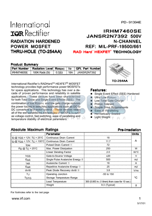 MIL-PRF-19500 datasheet - RADIATION HARDENED POWER MOSFET THRU - HOLE ( TO - 254AA )