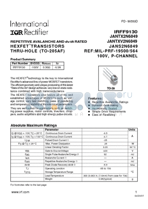 MIL-PRF-19500/564 datasheet - POWER MOSFET P-CHANNEL(BVdss=-100V, Rds(on)=0.30ohm, Id=-6.5A)