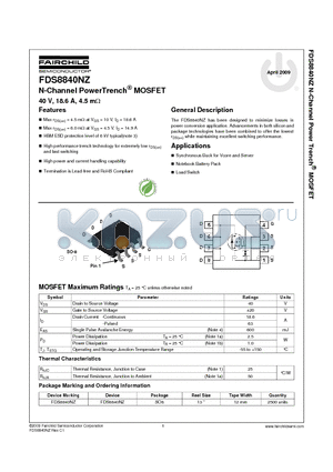 FDS8840NZ datasheet - N-Channel PowerTrench^ MOSFET 40 V, 18.6 A, 4.5 mY