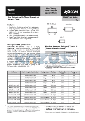 MA4ST1330CK-1146T datasheet - Low Voltage/Low Rs Silicon Hyperabrupt Varactor Diode