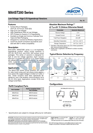 MA4ST200 datasheet - Low-Voltage / High Q Si Hyperabrupt Varactors