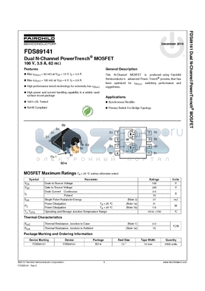 FDS89141 datasheet - Dual N-Channel PowerTrench^ MOSFET 100 V, 3.5 A, 62 mY