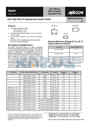 MA4ST2200 datasheet - Ultra High Ratio Si Hyperabrupt Varactor Diode