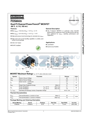 FDS8935 datasheet - Dual P-Channel PowerTrench^ MOSFET -80 V, -2.1 A, 183 mY