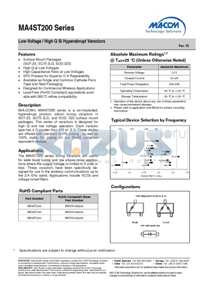 MA4ST230 datasheet - Low-Voltage / High Q Si Hyperabrupt Varactors