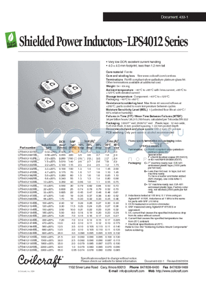 LPS4012-102NL datasheet - Shielded Power Inductors