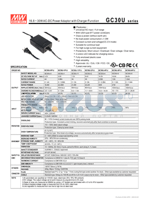 GC30U-4P1J datasheet - 16.8 ~ 30WAC-DC Power Adaptor with Charger Function