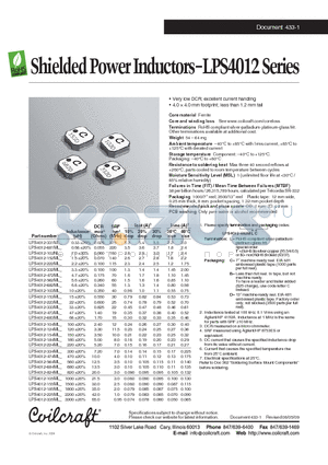 LPS4012-124ML datasheet - Shielded Power Inductors