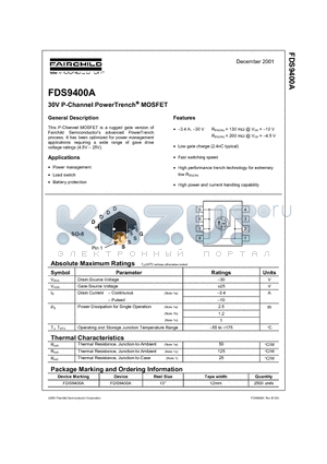 FDS9400A datasheet - 30V P-Channel PowerTrench MOSFET