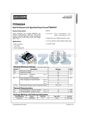 FDS9926A datasheet - Dual N-Channel 2.5V Specified PowerTrench MOSFET