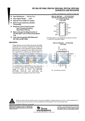 MC1489AN datasheet - QUADRUPLE LINE RECEIVERS