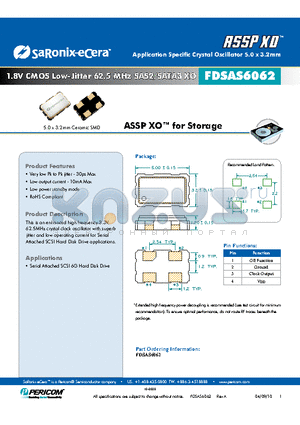 FDSAS6062 datasheet - 1.8V CMOS Low-Jitter 62.5 MHz SAS2/SATA3 XO