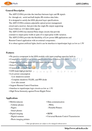 ADT1210NA datasheet - provides the interface between logic and IR signals for through-air, serial and half-duplex IR wireless data links