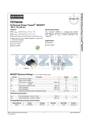 FDT86246 datasheet - N-Channel Power Trench^ MOSFET 150 V, 2 A, 236 mY