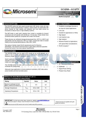 GC4322 datasheet - CONTROL DEVICES High Speed NIP Diodes