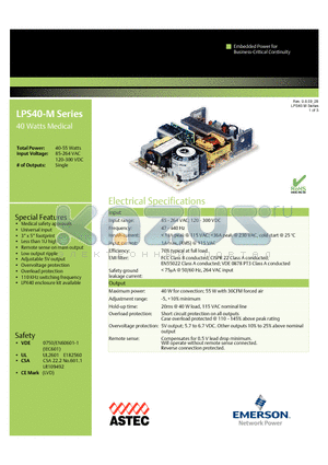 LPS42-M datasheet - 40 Watts Medical safety approvals