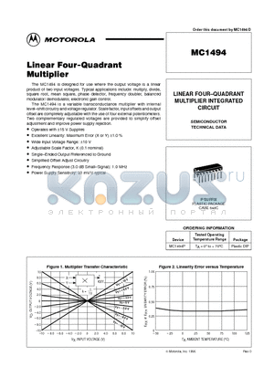 MC1494 datasheet - LINEAR FOUR-QUADRANT MULTIPLIER INTEGRATED CIRCUIT