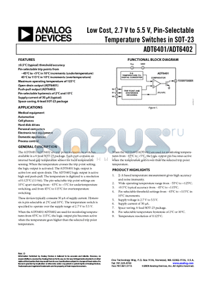 ADT6401SRJZ-RL7 datasheet - Low Cost, 2.7 V to 5.5 V, Pin-Selectable Temperature Switches in SOT-23